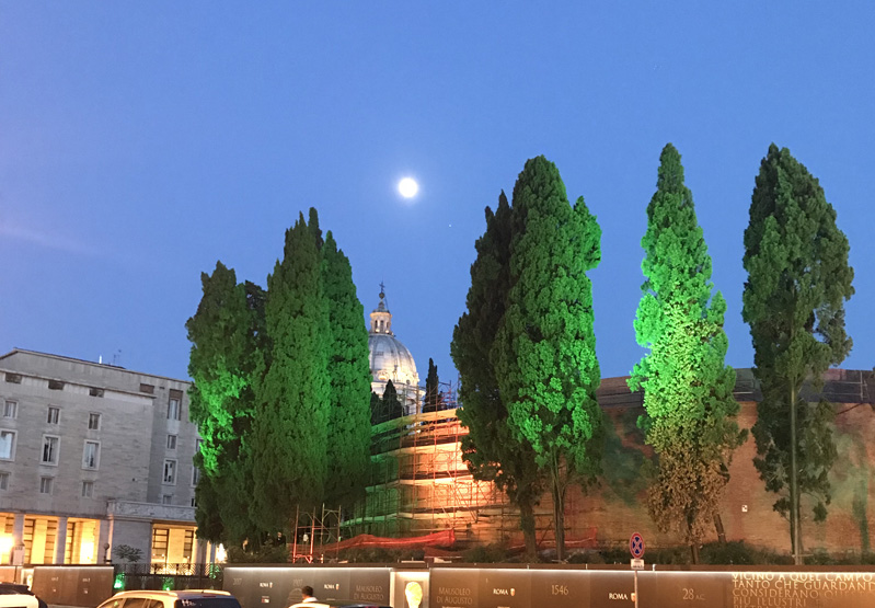 A photo showing a beautiful blue night sky with, illuminated green trees and some red orange buildings.