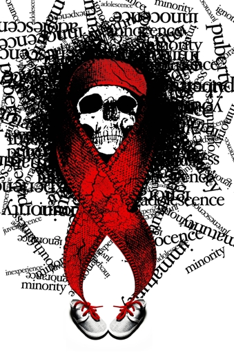 A skeleton wearing a red cap and ribbons on the side, surrounded by chaotic placed words that has shoes on the side.
