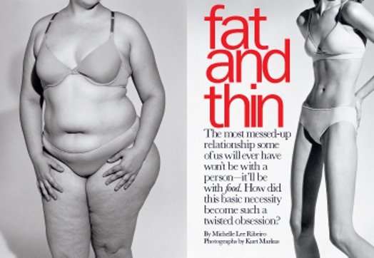 Two body types of a fat an a thin woman and some red and black text.