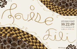 A golden checkered and cream banner design from the SVA MFA Design department reading Louise Fili.