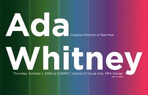A picture depicting a chromatic palette with green, blue, violet and red colors. On top of it some white text: Ada Whitney.