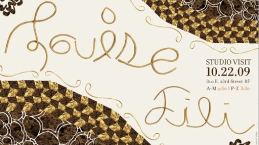 A golden checkered and cream banner design from the SVA MFA Design department reading Louise Fili.