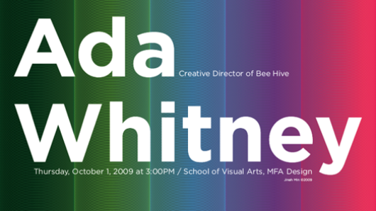 A picture depicting a chromatic palette with green, blue, violet and red colors. On top of it some white text: Ada Whitney.
