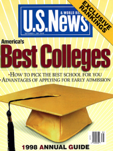 A magazine cover from 1998 reading America's Best Colleges and a golden graduation cap.
