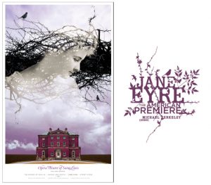 A poster depicting an old mansion and on top of it a picture with a girls face over some tree branches with birds on them.