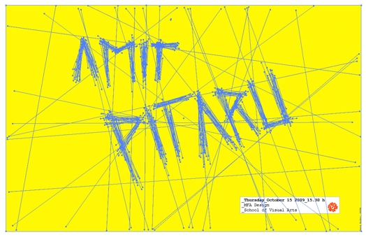 A yellow image that has some blue line chaotic drawn across and some text in the middle.