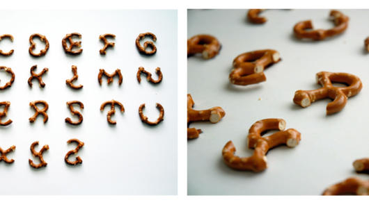 A picture depicting pretzels used as a foreign alphabet and a close up of the same image.