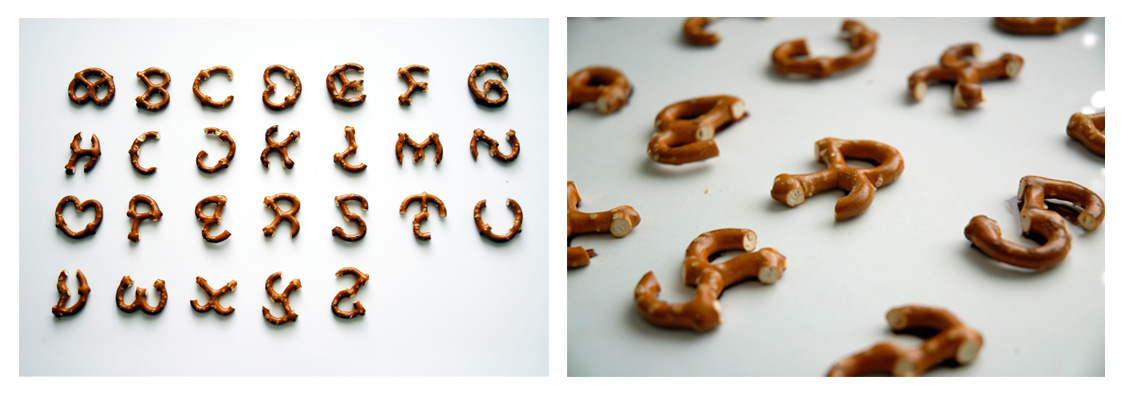 A picture depicting pretzels used as a foreign alphabet and a close up of the same image.