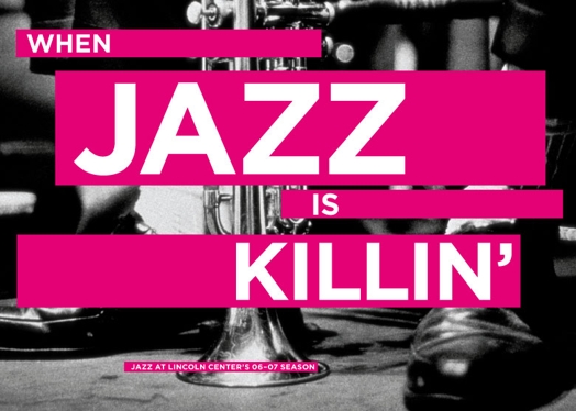 A black and white photo of a jazz trumpet and over it a magenta banner with the text: When Jazz is Killin'.