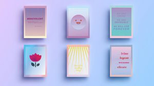A set of six covers made from faded gradient colors like: yellow and pink, cyan and magenta, magenta and orange. Each cover has some text on it, a smiley face or sun rays.