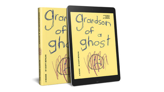A sketch design on a yellow background with some green text and a smiley face that is scratched by some red lines. The text says Grandson of a ghost. The design is put on a books cover and on a tablet screen.