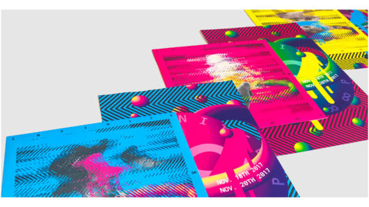 A set of blue, red, purple, magenta, yellow, green and crimson colored posters.