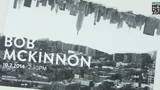 A black and white poster showing at the bottom a city landscape and at t he top an inverted city landscape. The title on the poster: BOB MCKINNON.