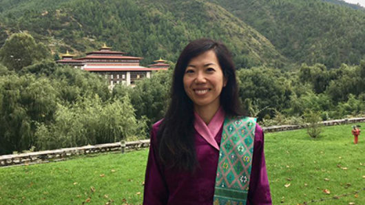 A photo of a woman wearing a pink and green traditional costume while standing in a greenfield and in the background having a mountain with a forest and a temple.