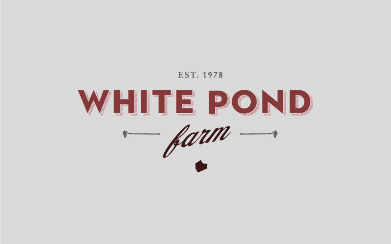 The logo of WHITE POND Barn colored in brown and red on a white background.