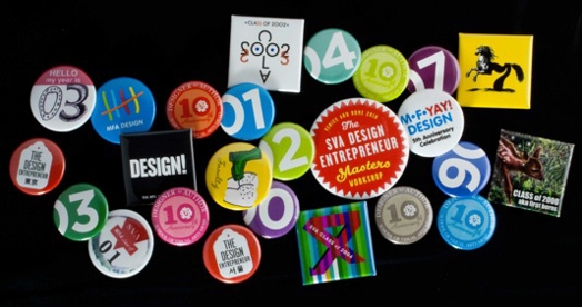 A photo of some multicolored vote buttons with numbers on them One pin has the text: SVA Design Entrepreneur Masters Class.