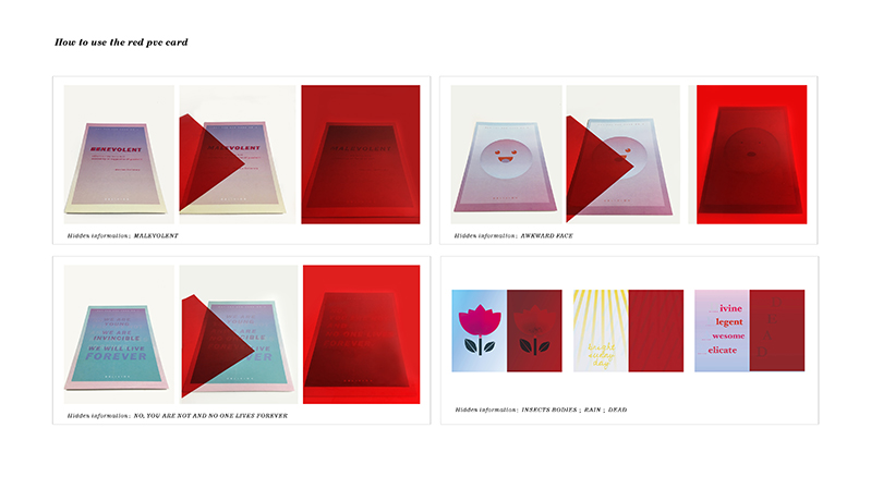 A set o covers made from faded gradient colors that are overlapped with a red filter.