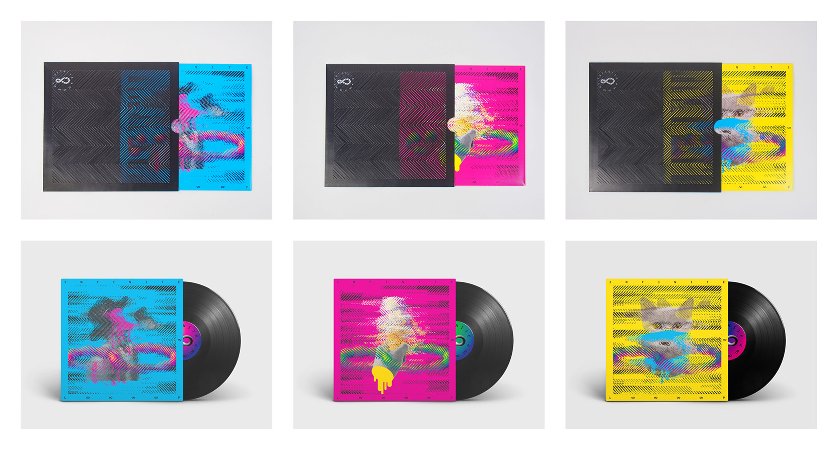 A set of three vinyl disc cover cases, one blue with magenta drawings, one magenta with green and yellow drawings and one yellow with blue drawings on them.