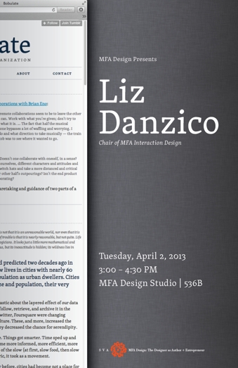 A poster showing half of a browser and on the other half on a black background the white text Liz Danzico.