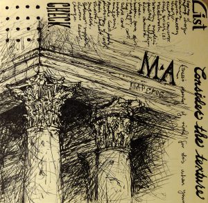 An ink sketch depicting a part of an ancient temple and some writings around it.