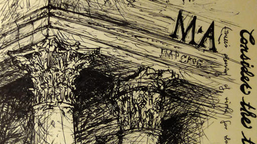 An ink sketch depicting a part of an ancient temple and some writings around it.