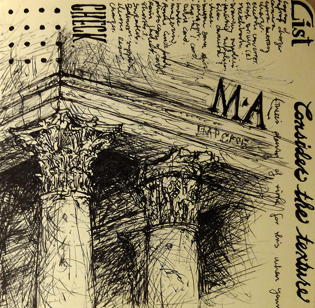 An ink sketch depicting a part of an ancient temple and some writings around it.