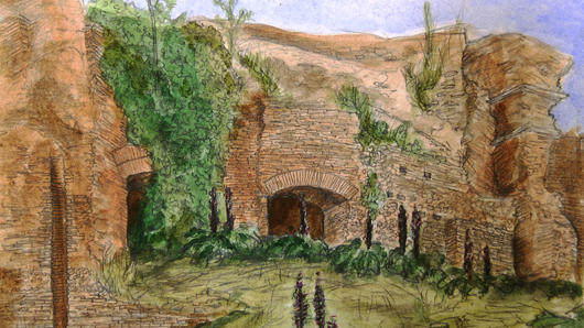 A painting of what looks like man made structures in the side of some rocks covered in green plants.