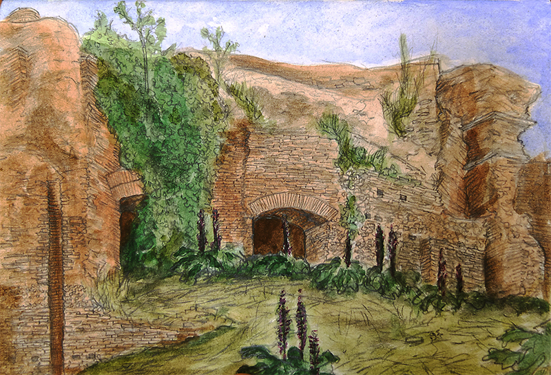 A painting of what looks like man made structures in the side of some rocks covered in green plants.