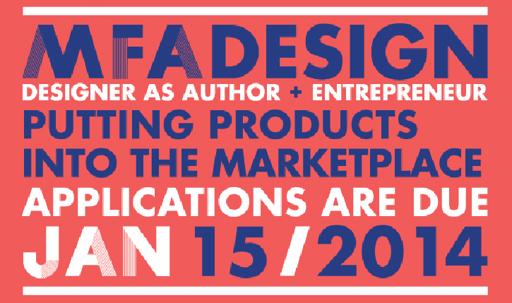 A text logo with orange background and blue white text that says: MFA Design Designer as Author + Entrepreneur. Putting Products Into The Marketplace.