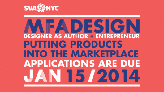 A blue and white text logo on a red background. The text says: SVA NYC MFA Design Designer as author entrepreneur, Putting Products Into The Marketplace.