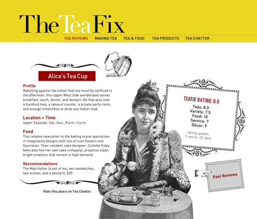 A template for a website called The Tea Fix. A women dressed elegantly in a fur coat and sitting at a table is sketched on one side.