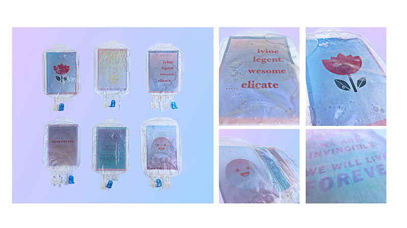 A set of six cover designs made from gradient colors, that have shapes or text on them. Each cover is put in a transparent plastic bag.