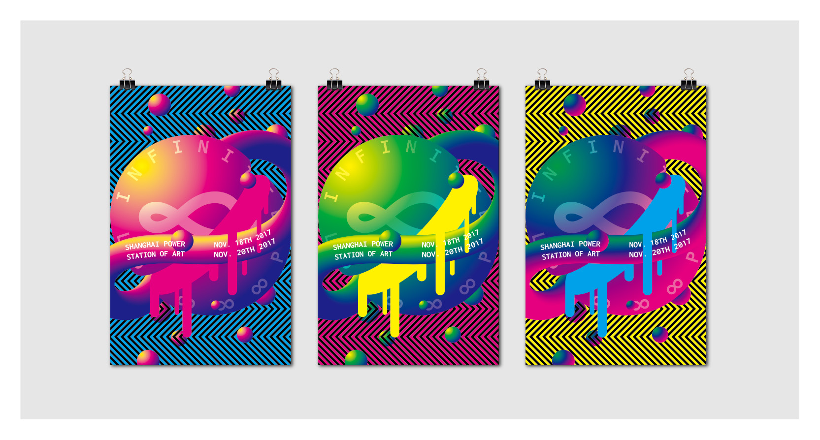 A set of three posters depicting the same gradient colored circle, with roman numerals on it and a 3d infinite sign around it. Each poster has a different set of colors like yellow, red, purple or green, yellow, blue or green, blue, magenta. The background of each poster has a left right chevron pattern.