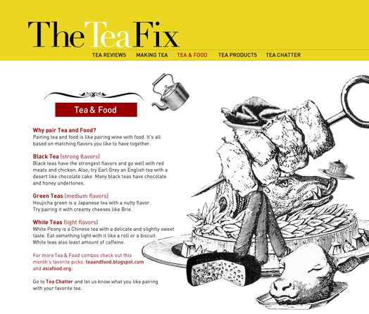 A template for a website called The Tea Fix. A teapot, cheese, a wild boar head with some leaves around it, a roasted chicken, a calf head are sketched on one side.