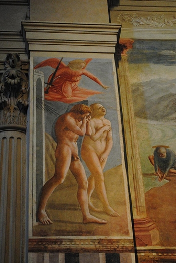 A photo of a fresco showing an angel and two naked people.