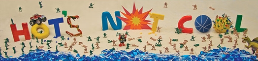 An image of plastic soldiers spread across what looks like a ribbon seashore with the colored text: Hots Not Coo.