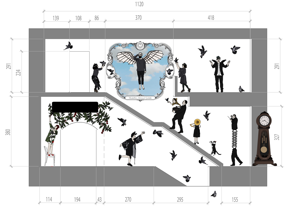 A two dimensional blue print of a building section with different people walking and birds flying in it. The schematic is measured all around.