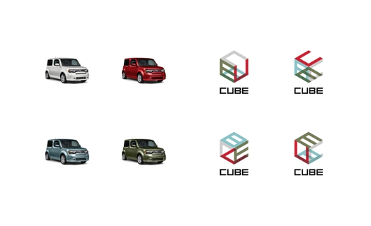 A pictogram of four logos shaped as cubes with the word cube under and four cubical cars.