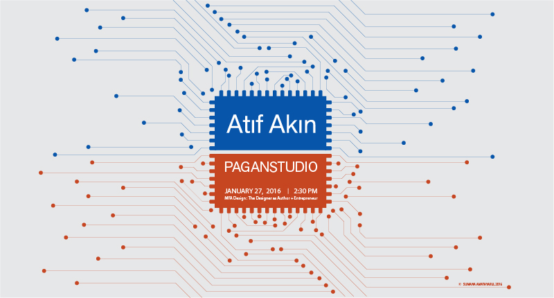 A white poster with some white text on some blue, red labels with lines and dots around it. The text says: Atif Akin. Paganstudio.
