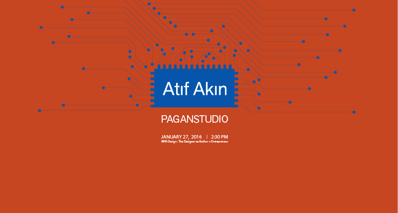 A red poster with some white text, some blue label with lines and dots around it. The text says: Atif Akin. Paganstudio.