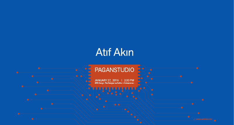 A blue poster with some white text, some red label with lines and dots around it. The text says: Atif Akin. Paganstudio.