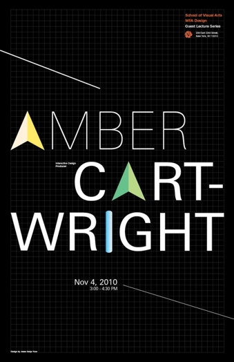 A poster with a text where the letter A is made in a chevron shape. The first A latter is yellow and the last one is green, while the I letter is blue and the rest of the text is white. The text says: Amber Cartwright.