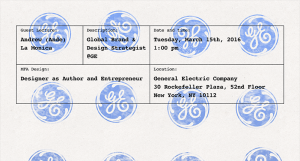 A poster showing a piece of paper with some information on it that looks like a purchase bill. Over it there is a stamped logo of General Electric company.