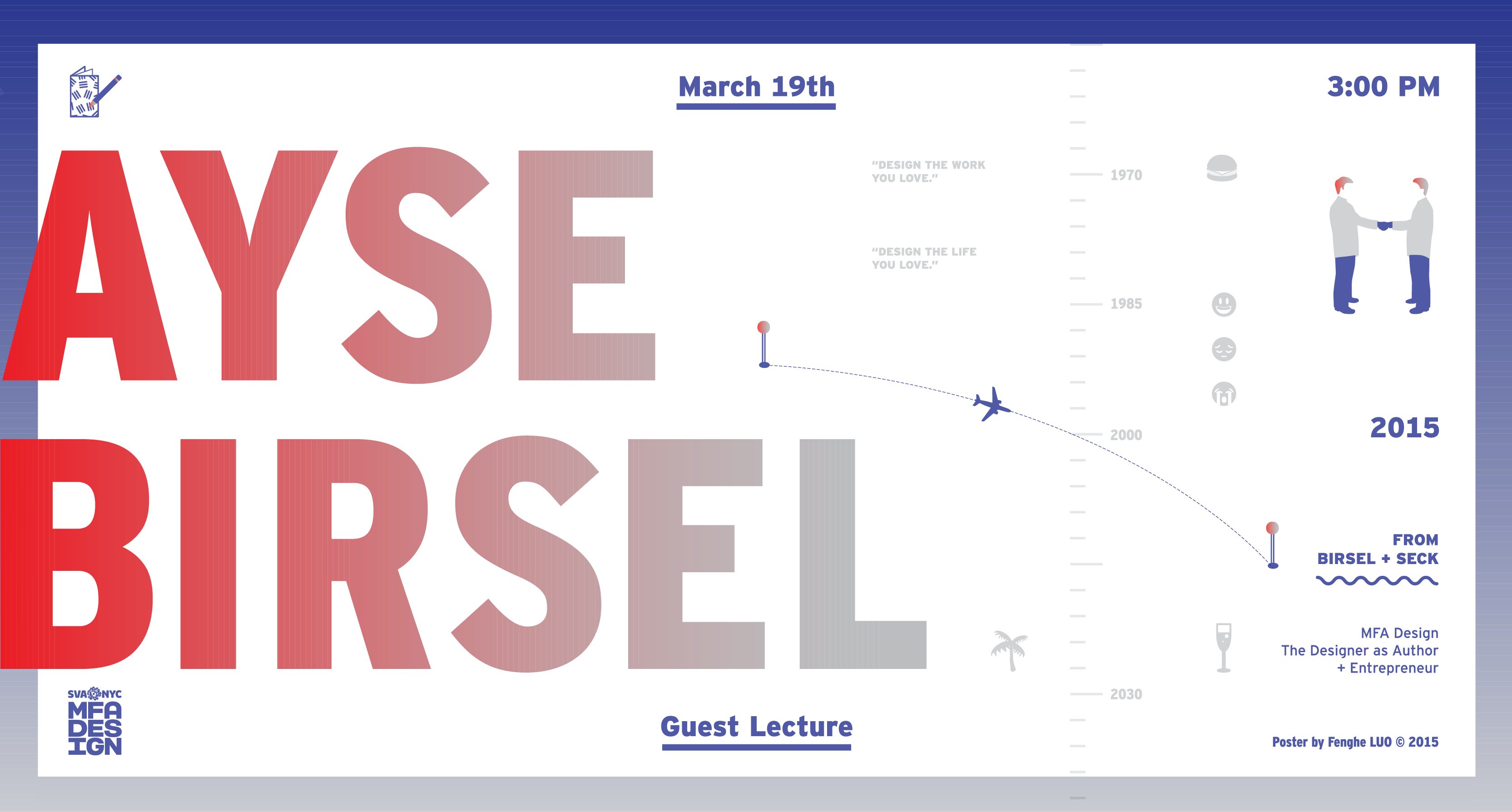 An infographic poster showing pictograms of a human, a plane, a tree and having the title: Ayse Birsel Guest Lecture.