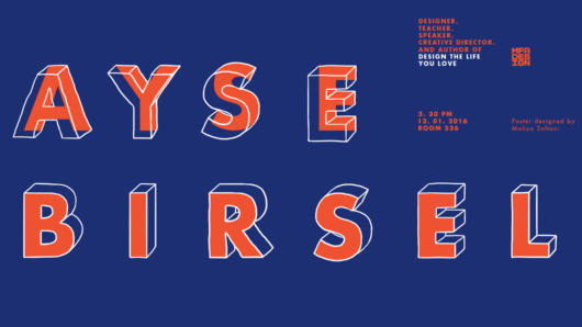 A blue poster with some white lined and red 3D text that says: Ayse Birsel.