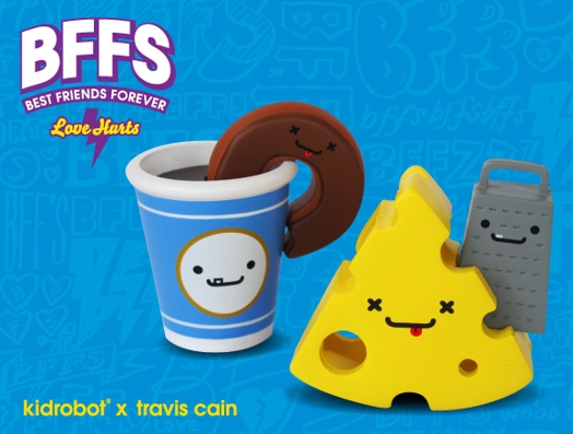 A blue poster with a personified coffee cup, donut, a piece of cheese with a razor.