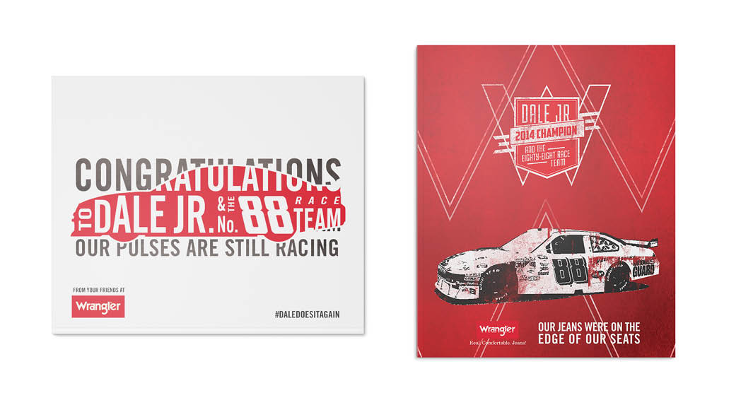 A set of two red and white posters depicting a nascar race car and a pictogram of a car with the text: Congratulation To Dale Jr. & No. 88 Team. Our pulses are still racing.