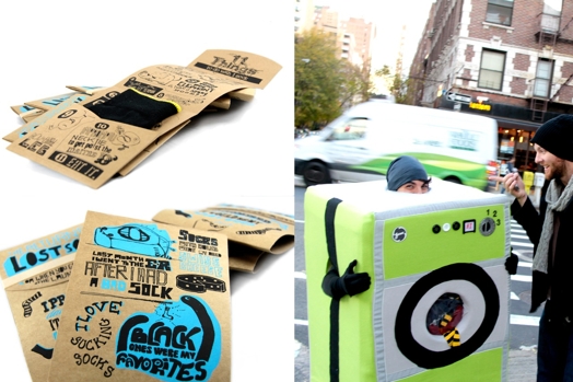 A photo of some cardboard sketched packs used to wrap socks in them. Alongside a photo of a man wearing a green, white and black washing machine costume while walking on the sidewalk.