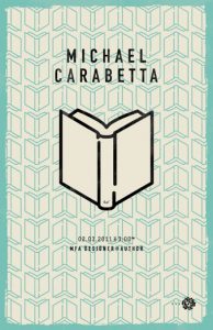 A poster showing a pattern of cyan pictograms that look like open books and in the middle a open book pictogram with title Michael Carabetta.