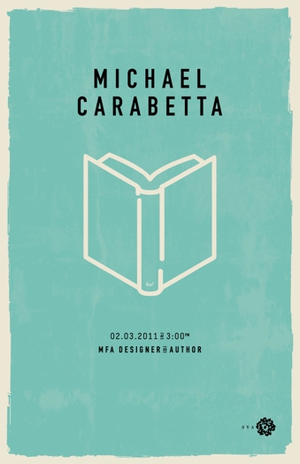 A cyan poster showing a white lined open book with the title: Michael Carabetta.